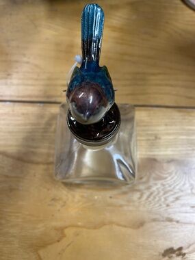 Decorative Glass Decanter with Ceramic Bird Stopper - Blue & Brown Accent